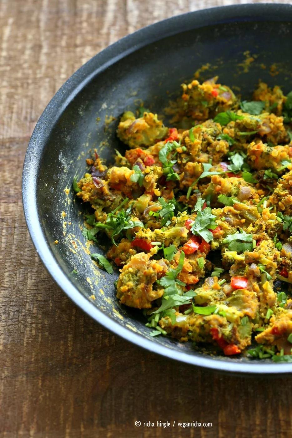 Broccoli Zunka Recipe - Broccoli & Bell Pepper with Spices, Chickpea flour. Broccoli Subzi Indian Veggie Side Recipe. Use spices of choice. Vegan Gluten-free Soy-free Recipe | VeganRicha.com