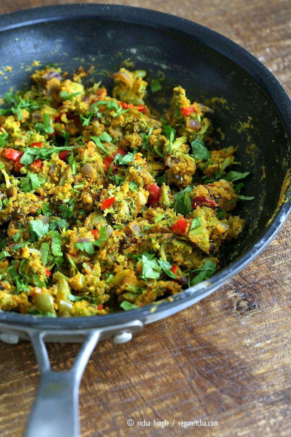 Broccoli Zunka Recipe - Broccoli & Bell Pepper with Spices, Chickpea flour. Broccoli Subzi Indian Veggie Side Recipe. Use spices of choice. Vegan Gluten-free Soy-free Recipe | VeganRicha.com