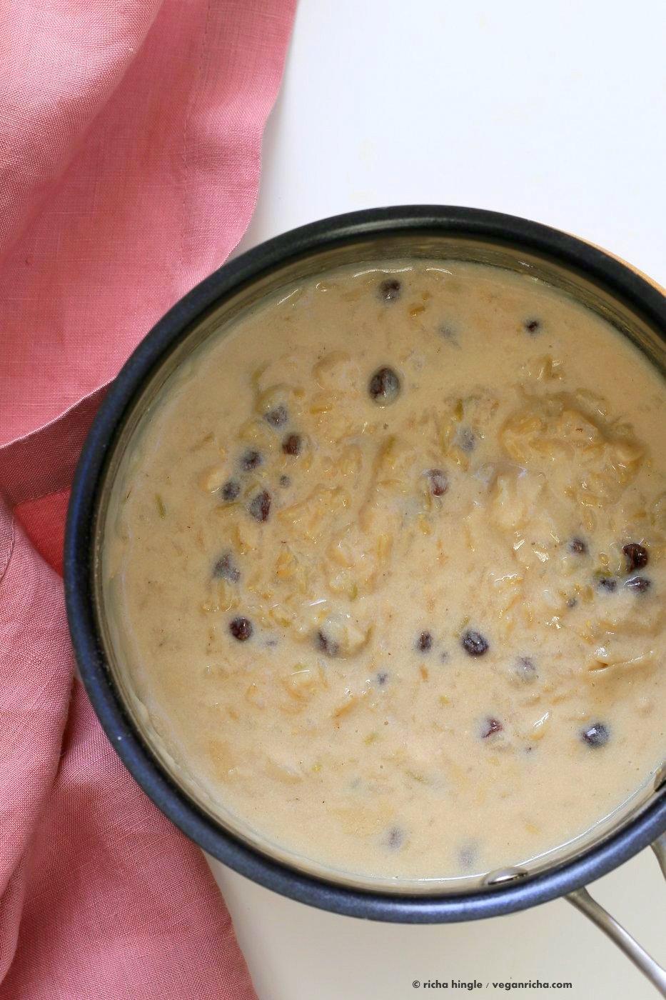 Brown Rice Kheer Recipe. Vegan Rice Pudding. Indian Kheer for Diwali festival. Brown Rice simmered in almond cashew milk with cardamom, roasted nuts and currants or raisins. Vegan Gluten-free Recipe. | VeganRicha.com