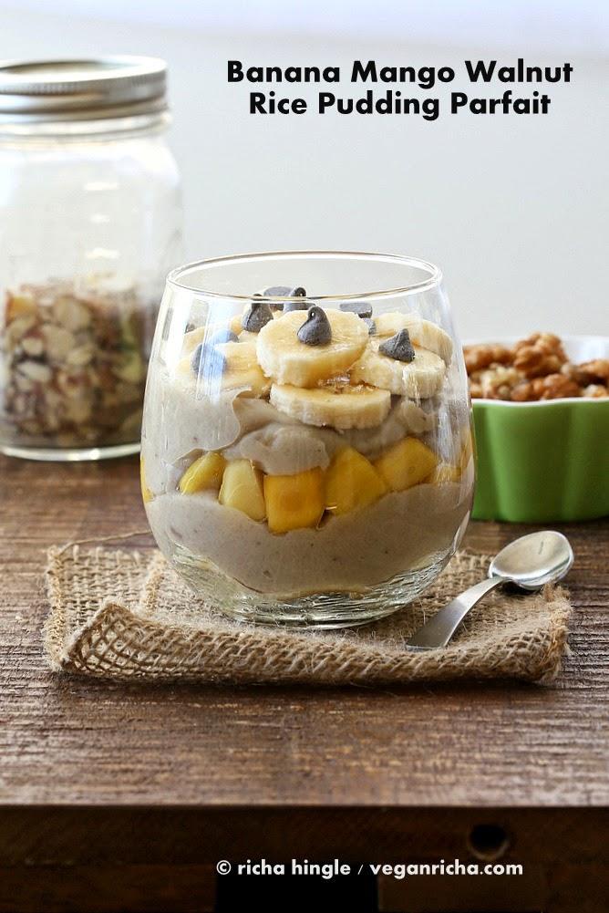 Brown Rice Pudding with Banana, Walnuts and Mango. Vegan Glutenfree Recipe
