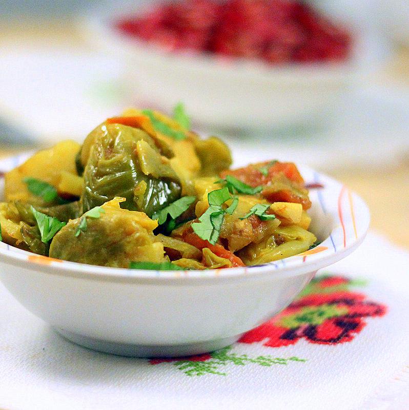 Brussels Sprouts and Potato in Tomato gravy. vegan glutenfree