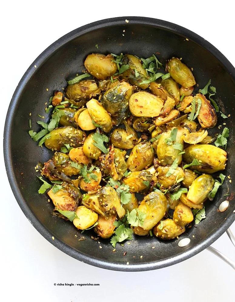 Pan Roasted Brussels Sprouts Subzi with Cumin and Mustard Seeds. Easy Spiced Brussels Sprouts. Serve in a bowl with Dal and Rice or as a side. Vegan gluten-free Soy-free Indian Recipe. | VeganRicha.com