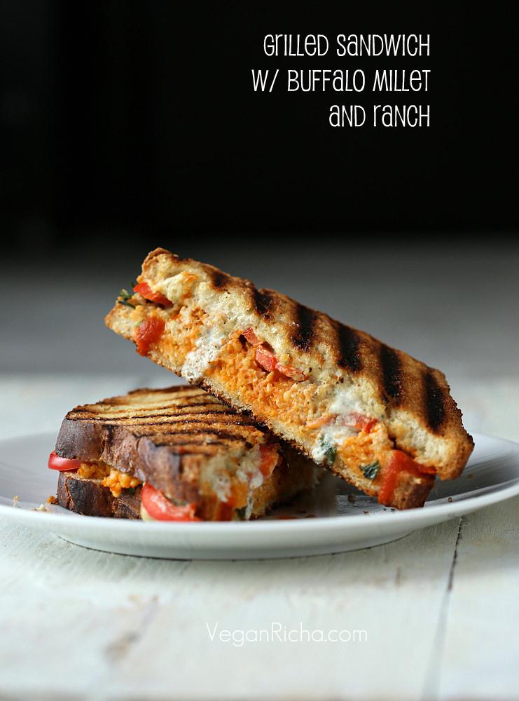 Grilled Sandwich with Buffalo Millet, Red Bell Pepper, Creamy Ranch. Vegan Recipe
