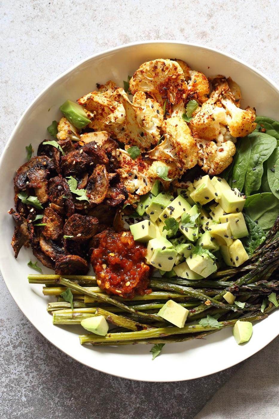 Bulgogi Roasted Spring Veggie Bowl. Spicy, sweet Korean Gochugaru blend roasted Cauliflower Mushroom Asparagus Bowl. #Vegan #Glutenfree #Nutfree #Recipe #VeganRicha | VeganRicha.com