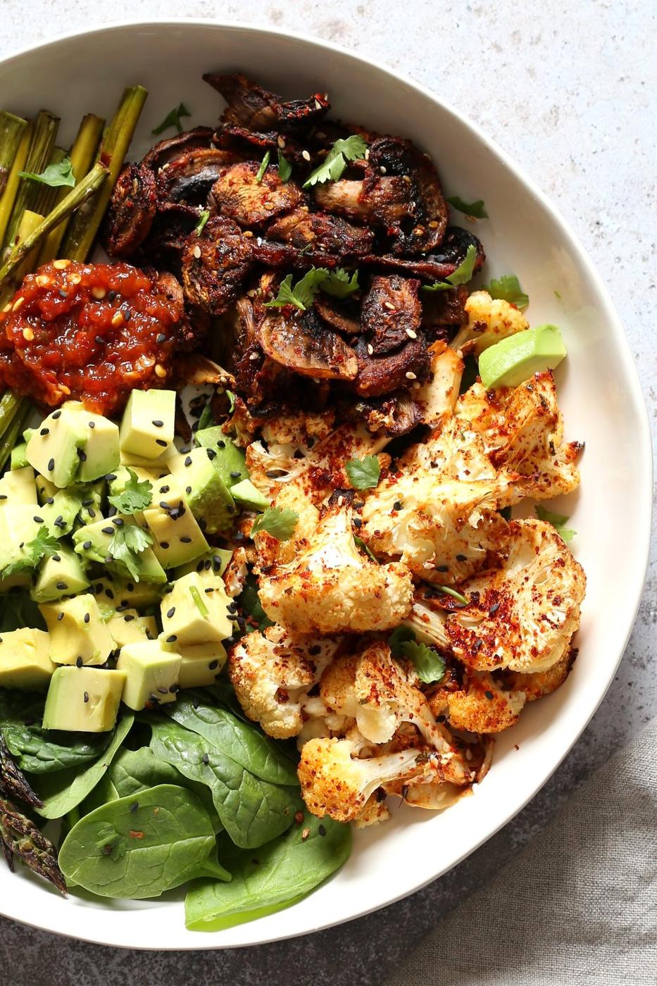 Bulgogi Roasted Spring Veggie Bowl. Spicy, sweet Korean Gochugaru blend roasted Cauliflower Mushroom Asparagus Bowl. #Vegan #Glutenfree #Nutfree #Recipe #VeganRicha | VeganRicha.com
