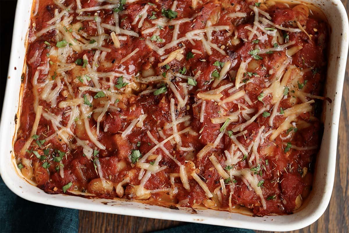 bean parmigiana in the pan after baking