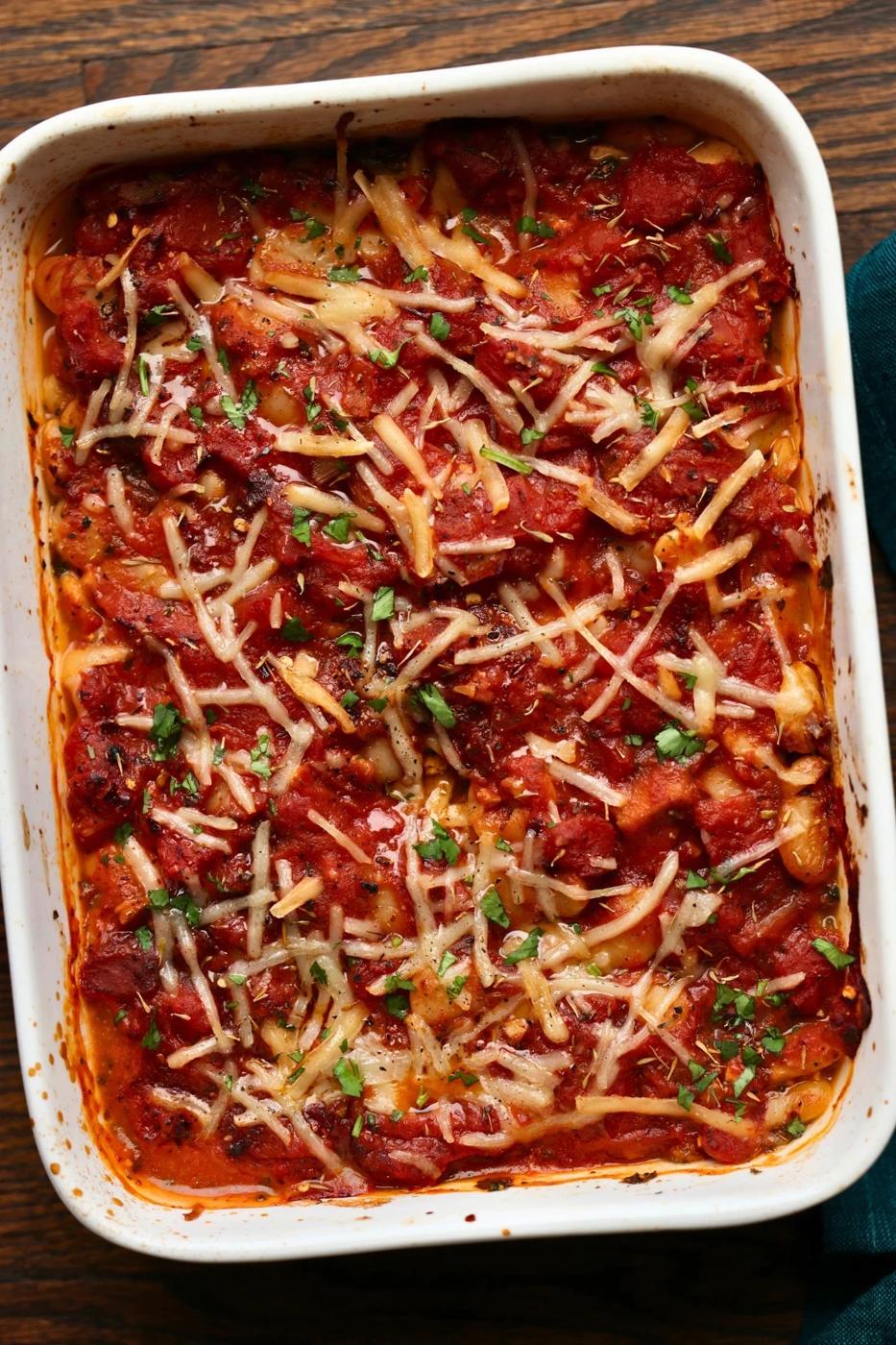 Butter Bean Parmigiana (Bean Tofu Spinach Parmesan bake)