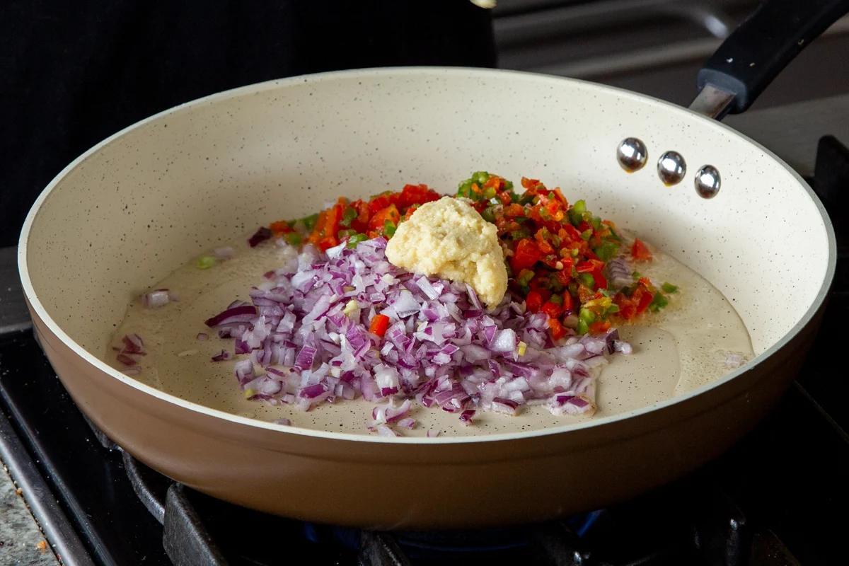 aromatics in the pan, before cooking