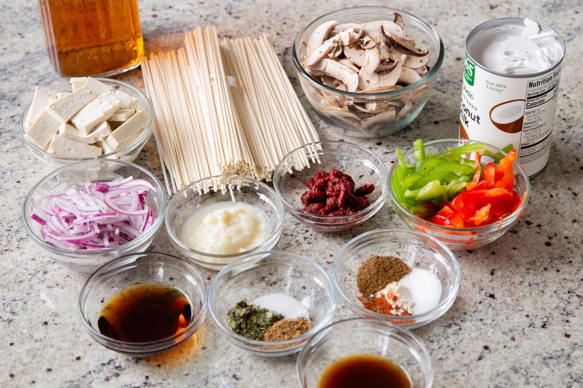 butter ramen ingredients in bowls on the kitchen counter