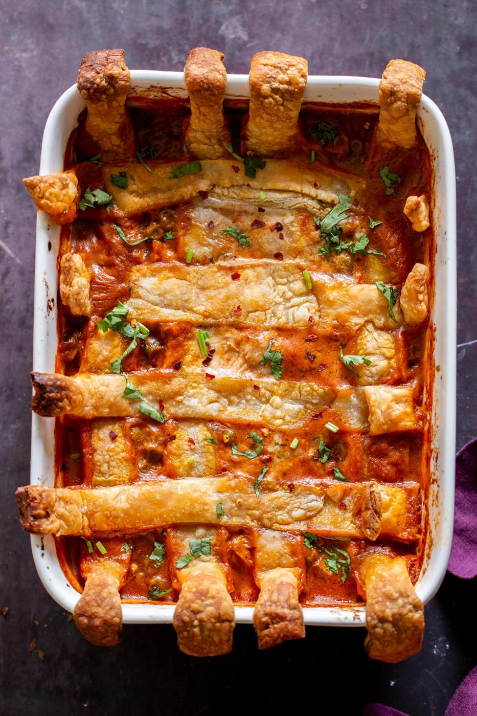 butter sauce pot pie in the baking pan after baking
