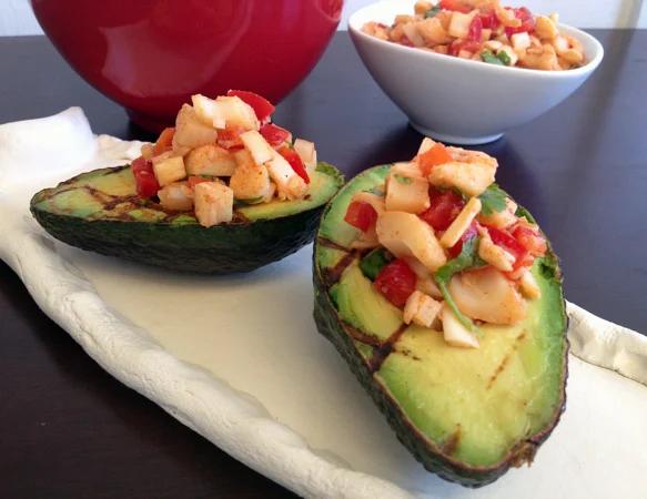 Cadry’s Stuffed Grilled Avocado stuffed with Smoky Hearts of Palm Salsa. Vegan Glutenfree Recipe