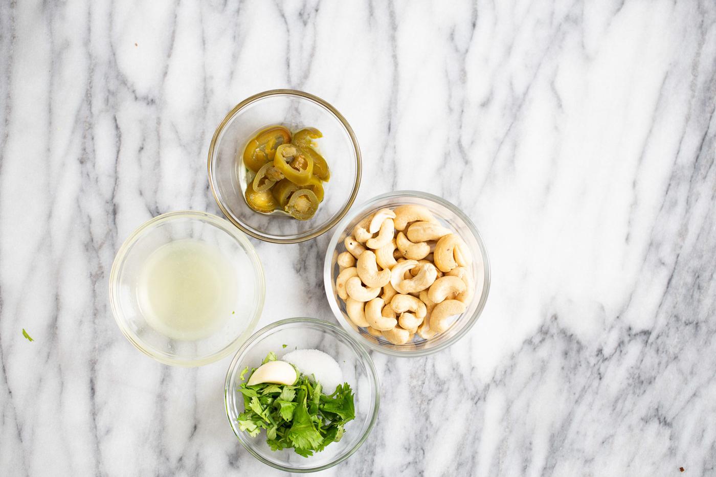overhead shot of ingredients used for making vegan cilantro lime dip