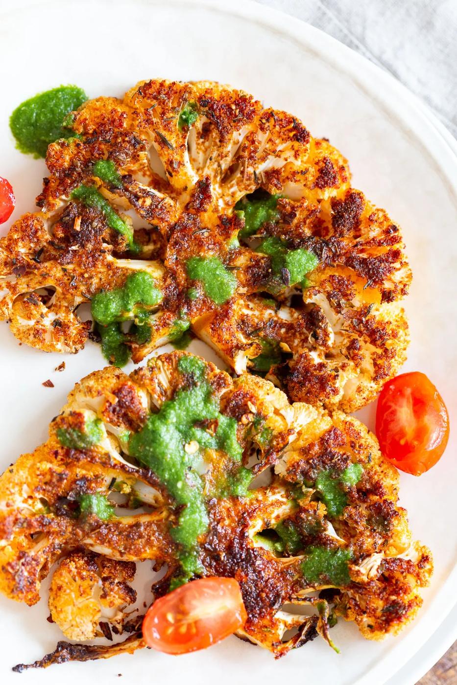 Cajun Roasted Cauliflower “Steaks” with Chimichurri Sauce