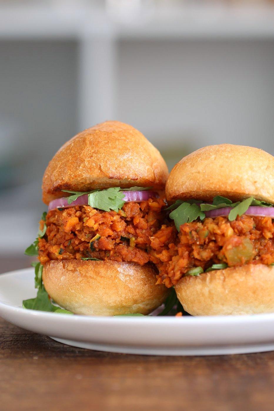Smoky Vegan Sloppy Joes with Cajun Spices. Easy Red Lentil Carrot Zucchini Sloppy mix. Serve between soft buns, dinner rolls, pita pockets or tacos. Vegan Nut-free Recipe. Soy free option. Easily Gluten-free. | VeganRicha.com