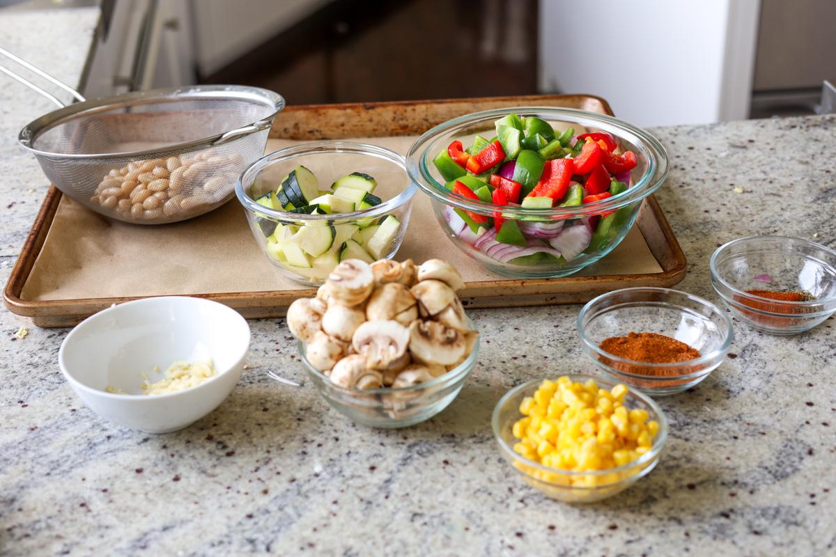cajun sheet pan beans veggies ingredients after prepping