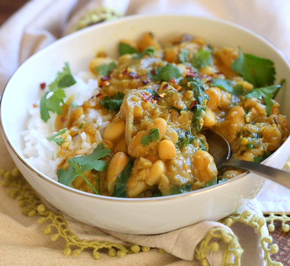 Cannellini and Lentil Jamaican Curry. Ran out of chickpeas to make lentil and chickpea Jamaican curry. Easy Coonut Curry with Jamaican Curry spices and beans and red lentils. #Vegan #Glutenfree #Soyfree #Nutfree #Recipe #veganricha | VeganRicha.com