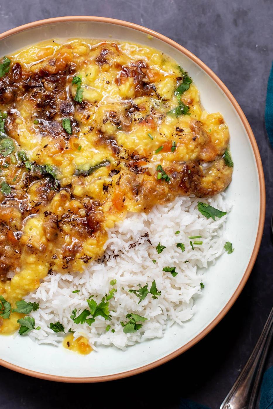 Indian Caramelized Onion Dal served in a bowl along with rice