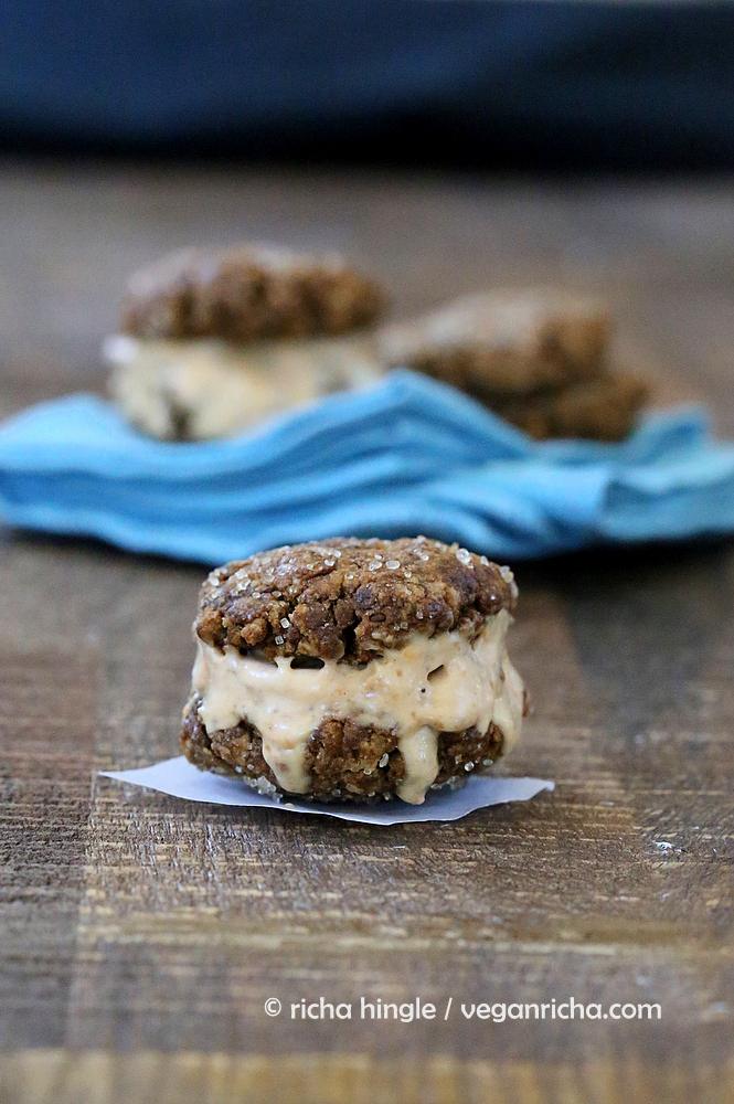 Vegan Ginger Molasses Cookie Carrot Cake Ice Cream Sandwich on a rustic wooden table