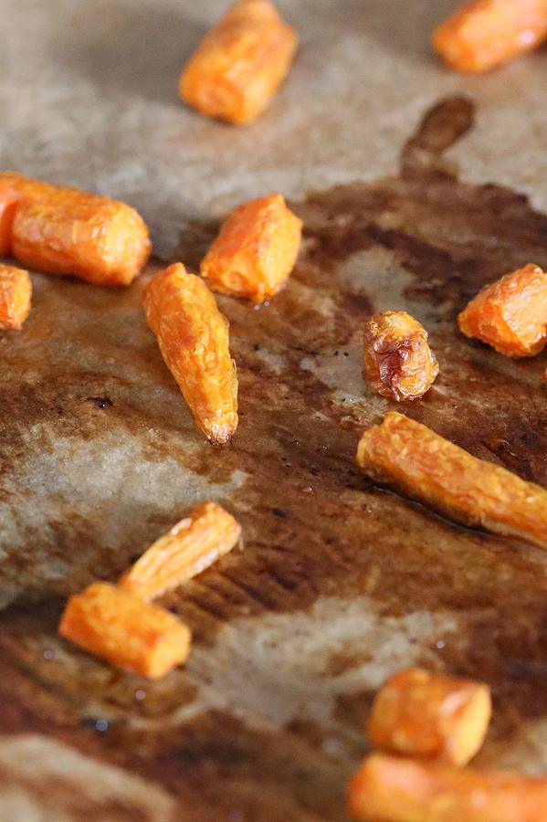 carrots roasting on a sheet pan to make vegan ice cream recipe