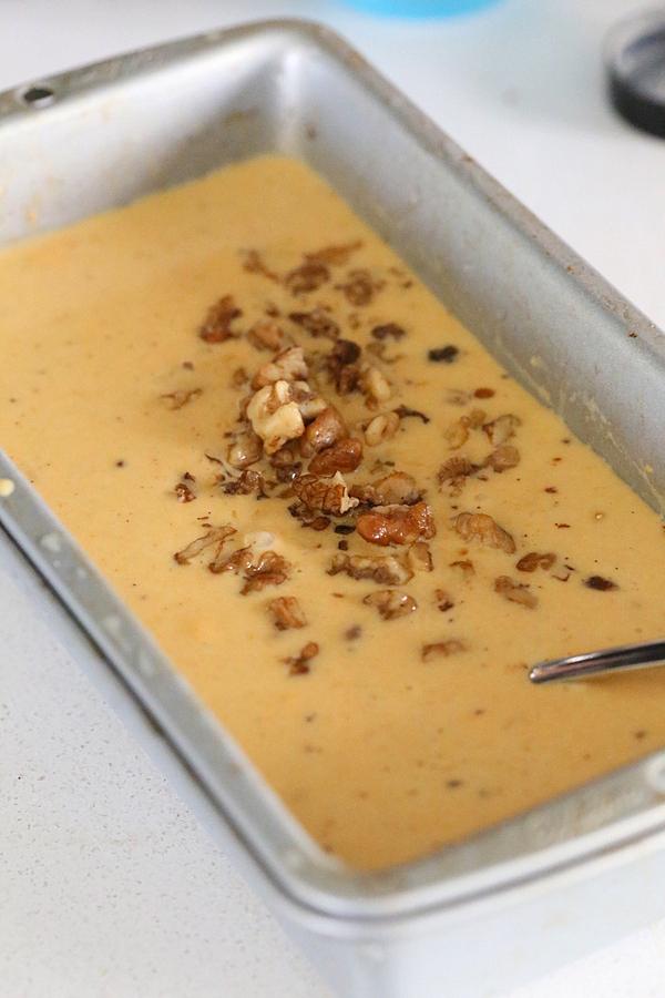 vegan carrot cake ice cream base in a metal loaf time ready to be frozen