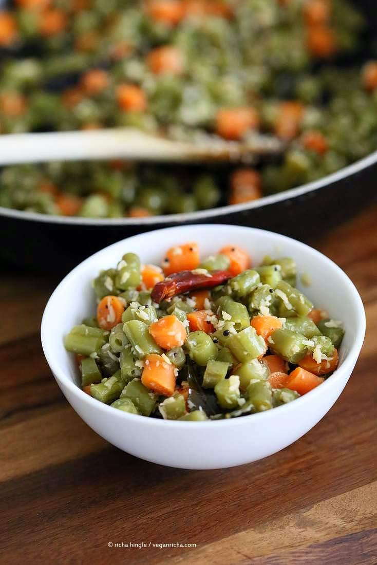 Carrot Green Beans Poriyal. Easy Green Beans Carrot Coconut stir fry side. South Indian Beans Coconut Poriyal Recipe. | VeganRicha.com #vegan #glutenfree #soyfree #indian