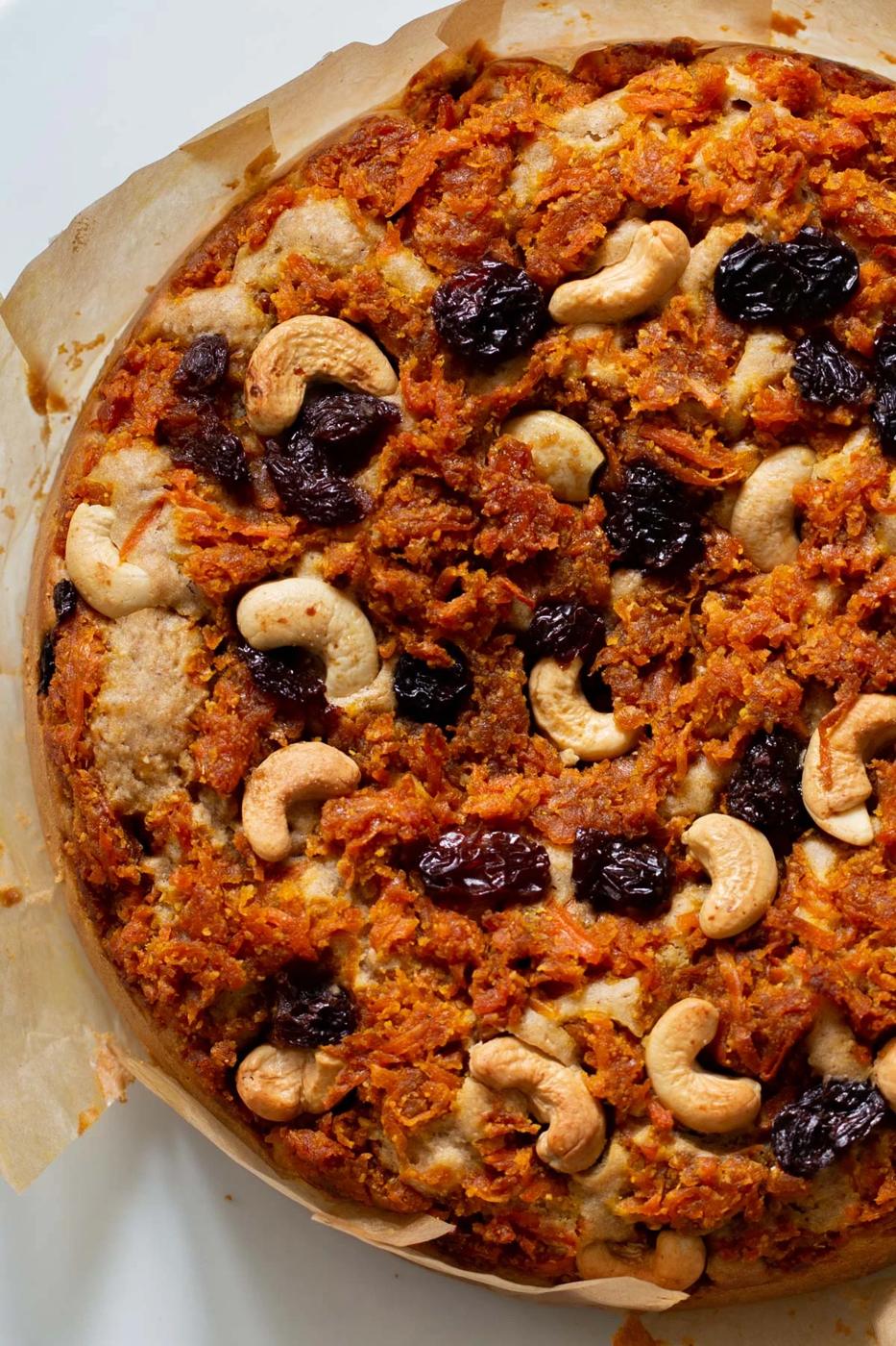 overhead photo of carrot halwa cake before slicing