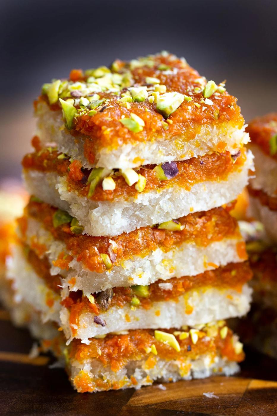 Layered Carrot Halwa Coconut Burfi Vegan