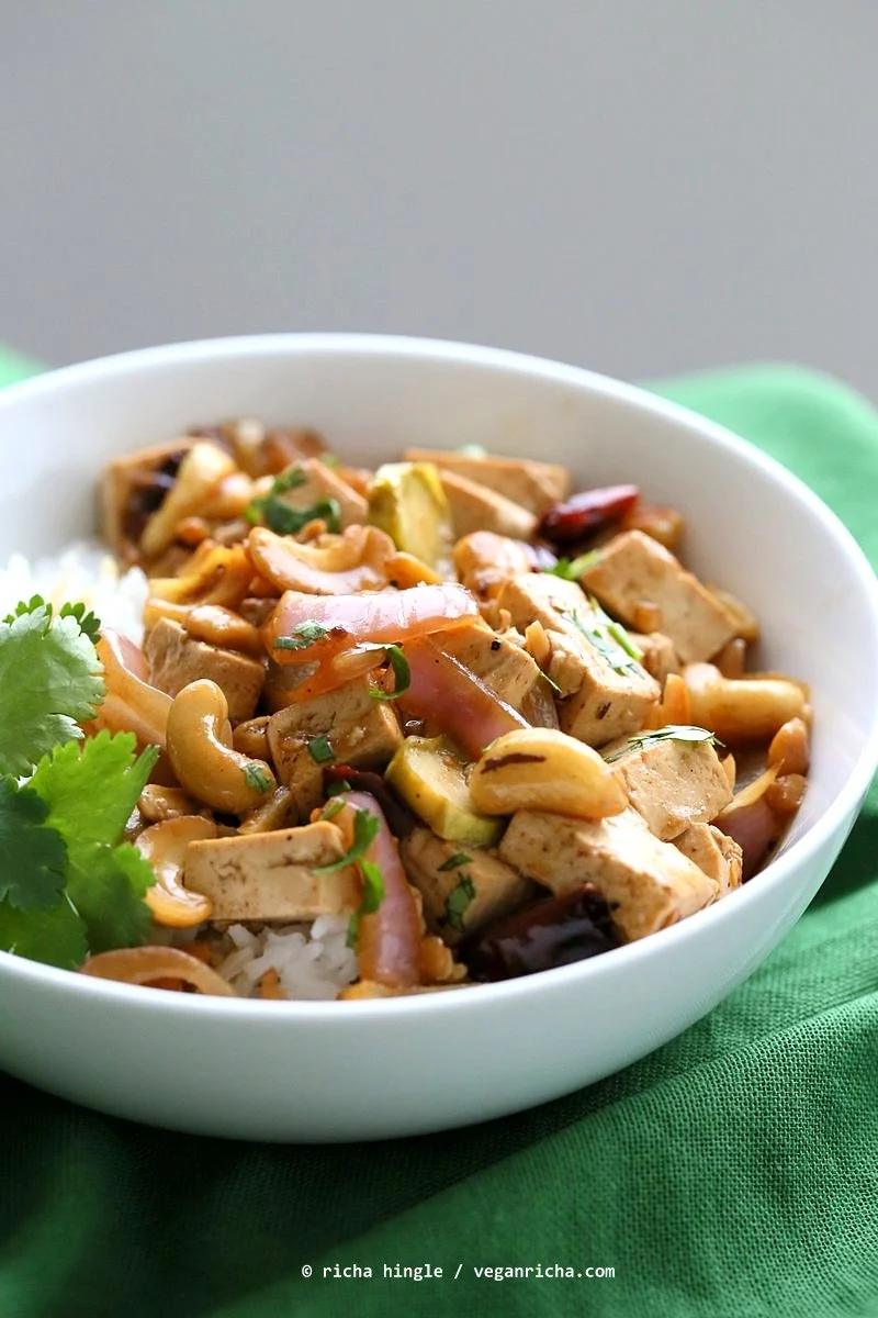 Cashew Tofu Stir Fry. Vegan Thai Cashew Delight Recipe with Tofu and Veggies. Easy One Pot weeknight meal. Serve with rice or grains of choice. VeganRicha.com Vegan gluten-free Recipe
