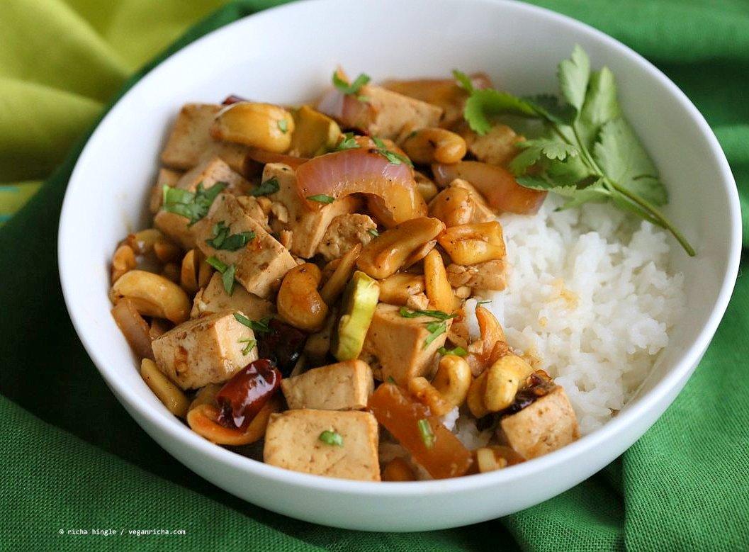 Cashew Tofu Stir Fry. Vegan Cashew Delight Recipe with Tofu and Veggies. Easy One Pot weeknight meal. Serve with rice or grains of choice. VeganRicha.com Vegan gluten-free Recipe