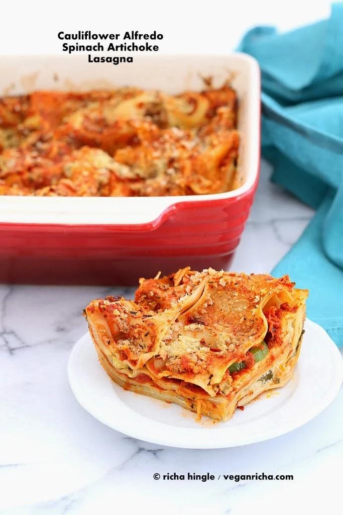 Cauliflower Alfredo Spinach Artichoke Lasagna. Vegan Nut-free Recipe