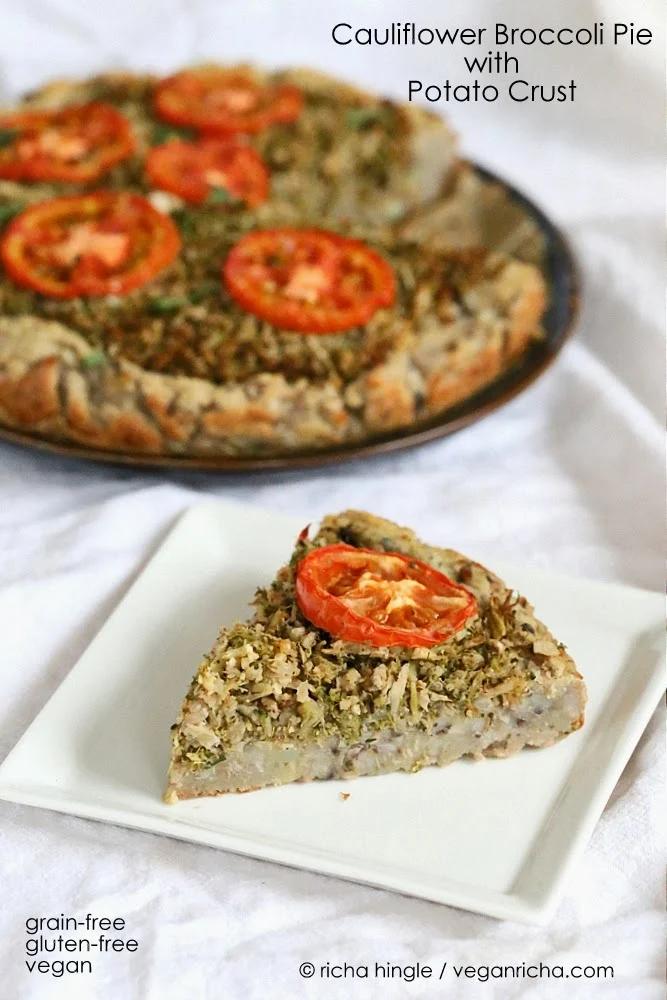 Cauliflower Broccoli Masala Pie with Potato Black Eyed Pea Crust. Gluten-free Grain-free Recipe for VVP