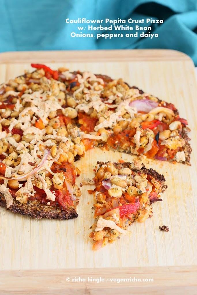 Vegan Gluten free Cauliflower Pepita Chia Crust with Beans, peppers and onions