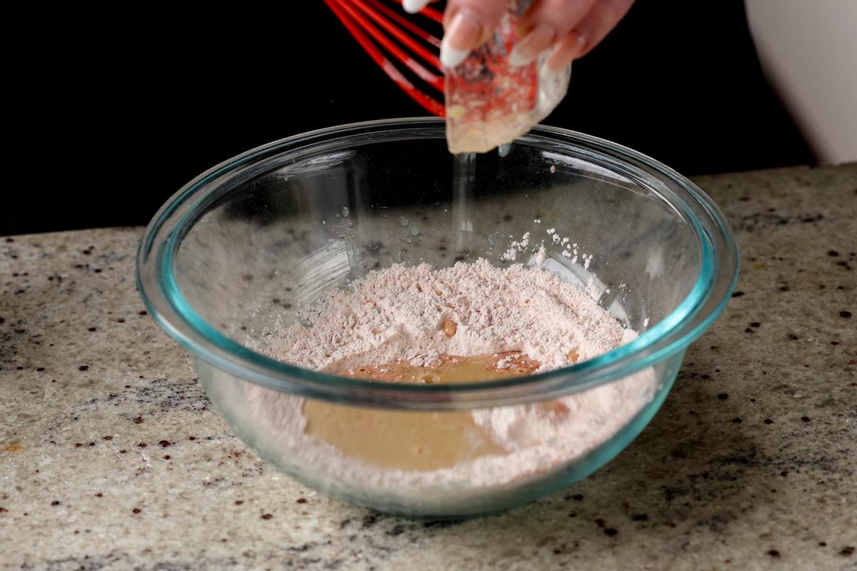 adding the wet batter ingredients