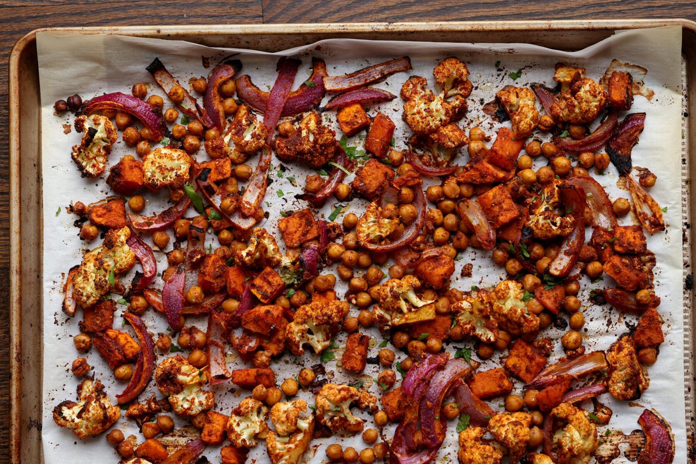 sheet pan cauliflower and sweet potato after baking