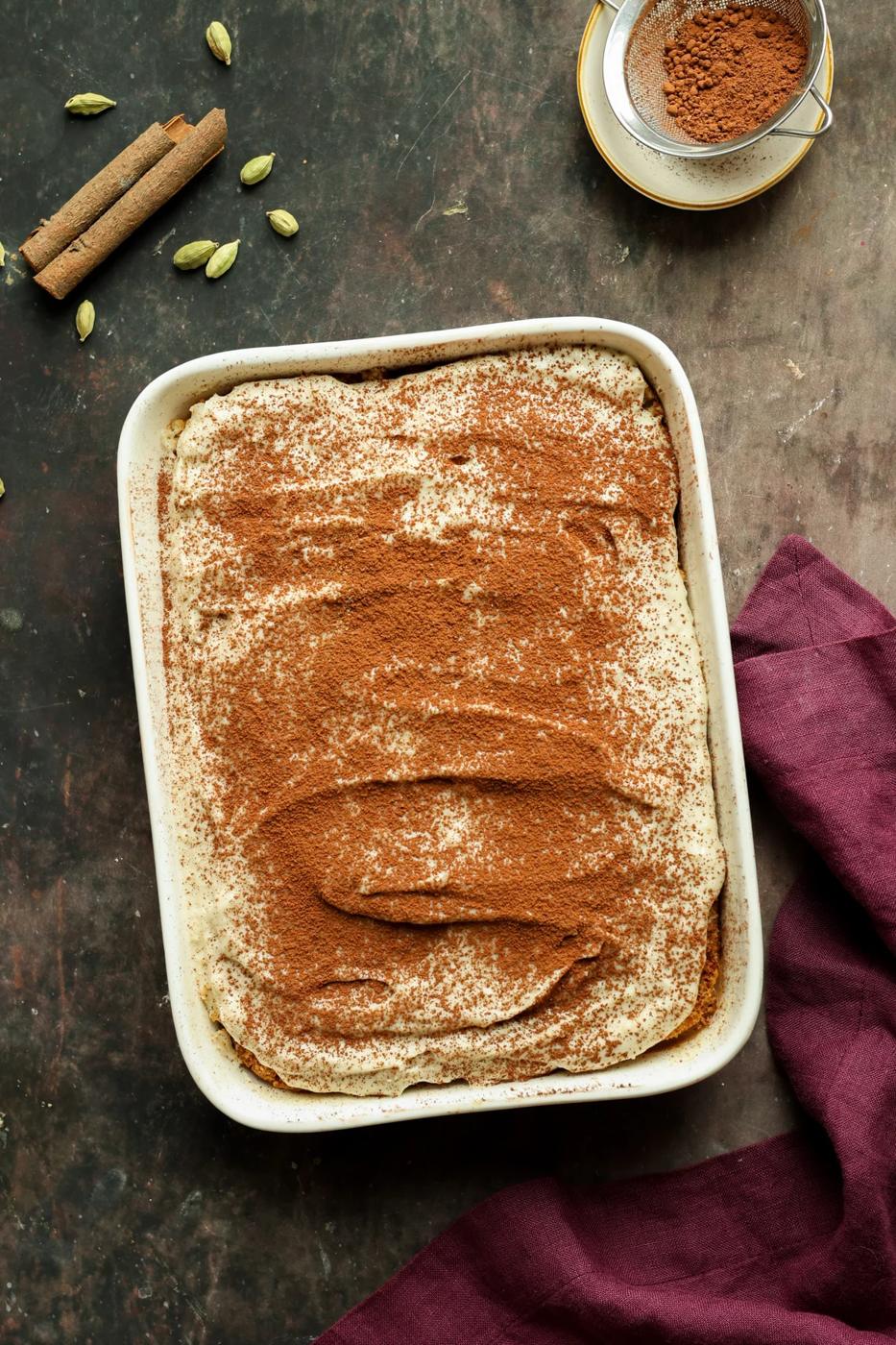 chai tiramisu cake before slicing