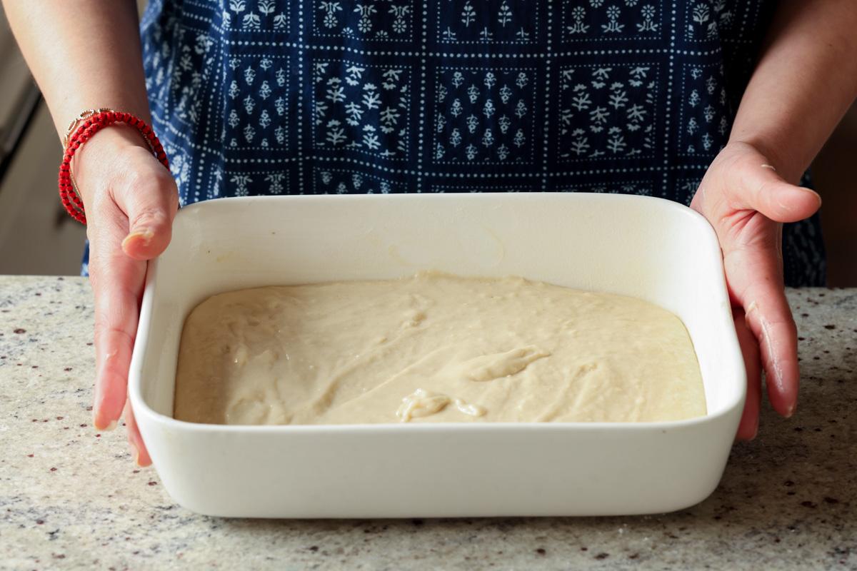 cake in the pan before baking