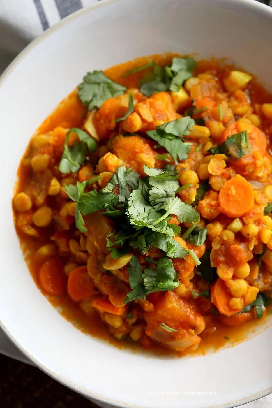 Chana Dal Veggie Carrot Soup. Easy Split Pea Soup with veggies. 1 Pot ready within 45 minutes. Use split chickpeas (Chana Dal) or other split peas or lentils. Vegan Gluten-free Soy-free Recipe | VeganRicha.com
