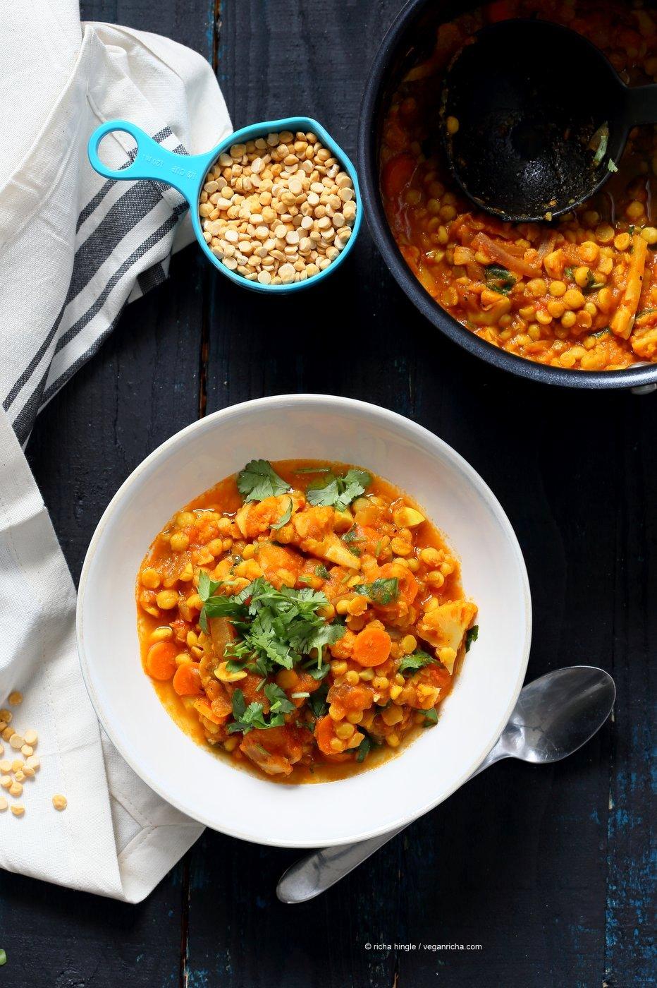 Chana Dal Veggie Carrot Soup. Easy Split Pea Soup with turmeric, spices, carrots, cauliflower, butternut squash. 1 Pot ready within 45 minutes. Use split chickpeas (Chana Dal) or other split peas or lentils. Vegan Gluten-free Soy-free Recipe | VeganRicha.com