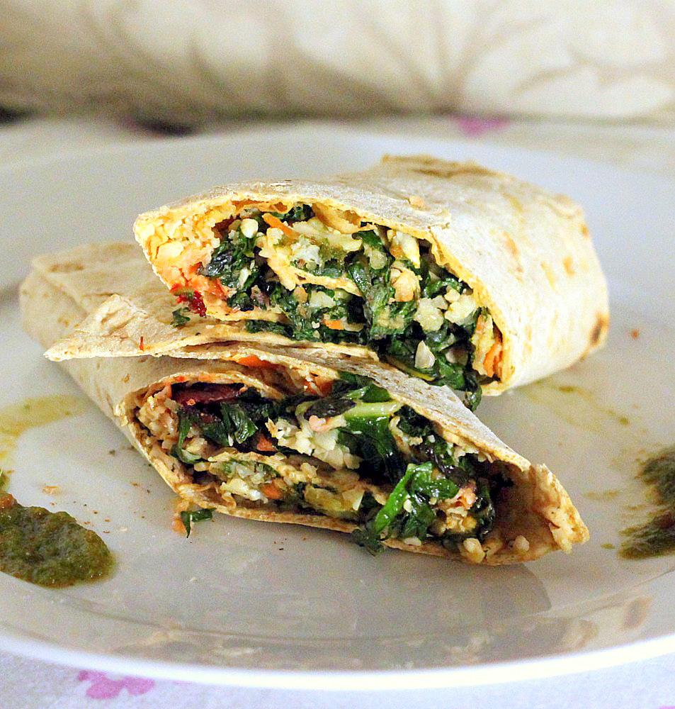 Chard Cauliflower Carrot Wraps with Mint Thyme Tomato Chutney for a Virtual Potluck. Vegan