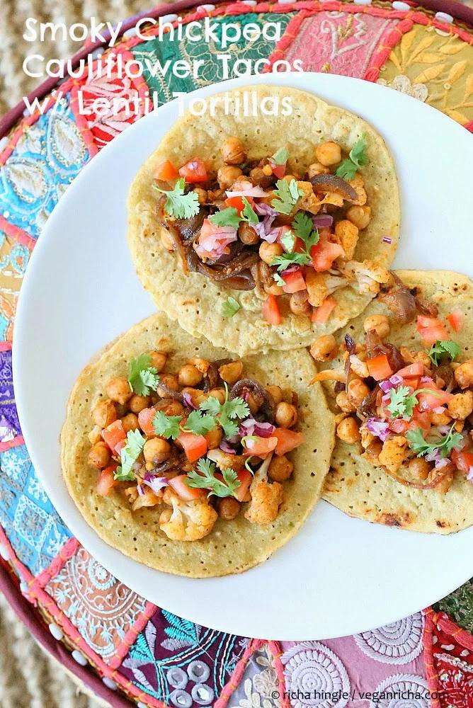 Chickpea Cauliflower Tacos with Lentil Mung Bean Tortillas. Vegan Gluten-free Grain-free Recipe