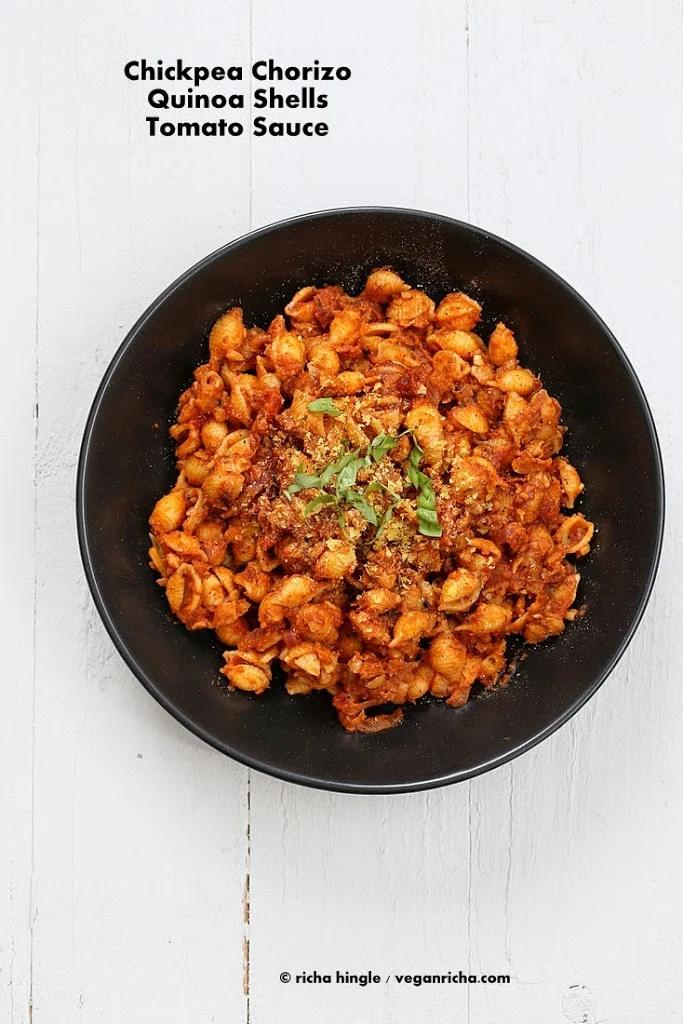 Chickpea Chorizo, Quinoa Shells in Tomato sauce. Vegan Glutenfree Pasta Recipe
