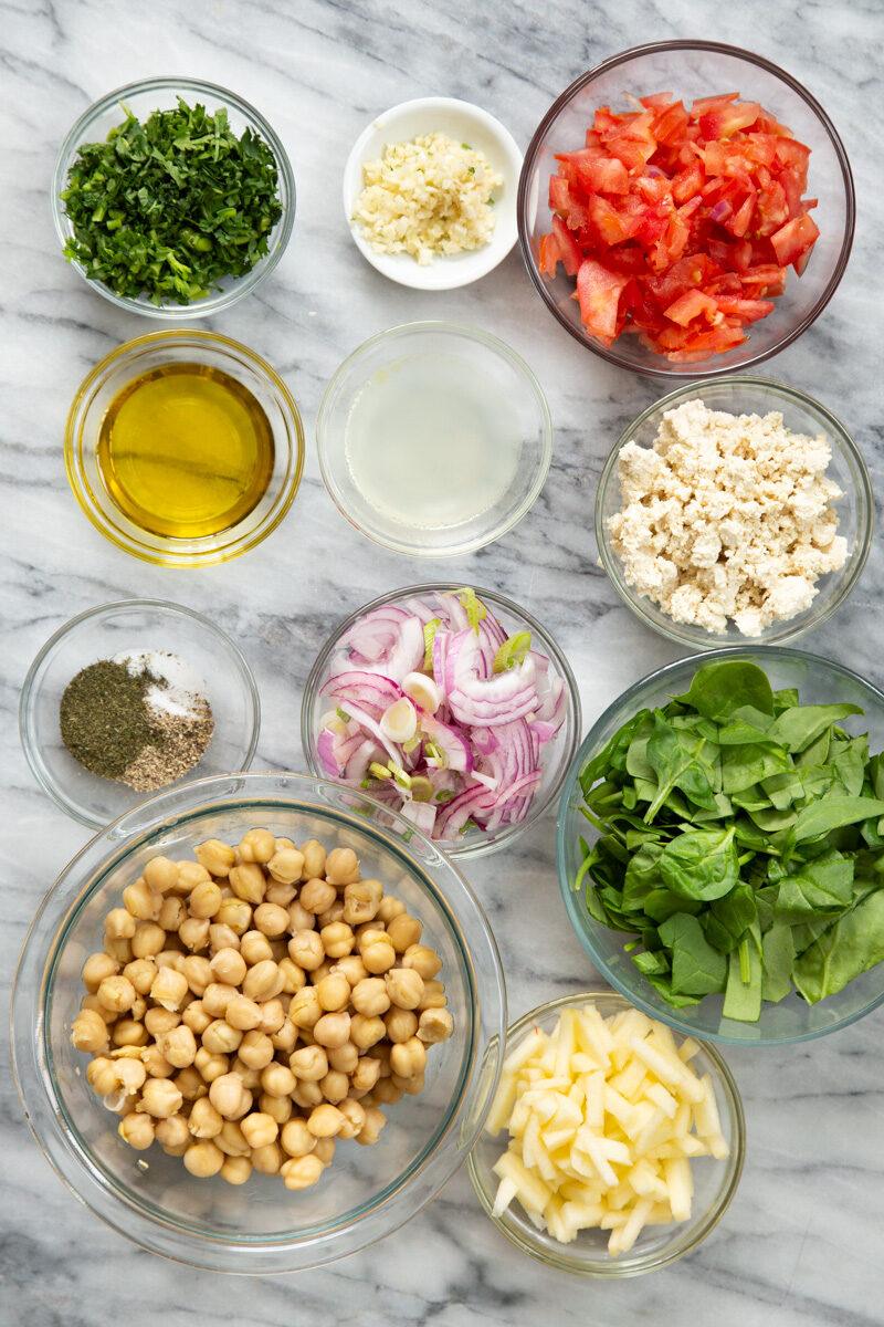 ingredients needed for making vegan chickpea salad with lemon dill dressing