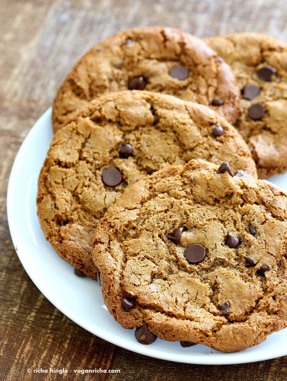 These huge Chickpea Flour Chocolate Chip Cookies are chewy and a perfect treat. These cookies need 1 Bowl, are grain-free, gluten-free vegan and can be made nut-free. | VeganRicha.com