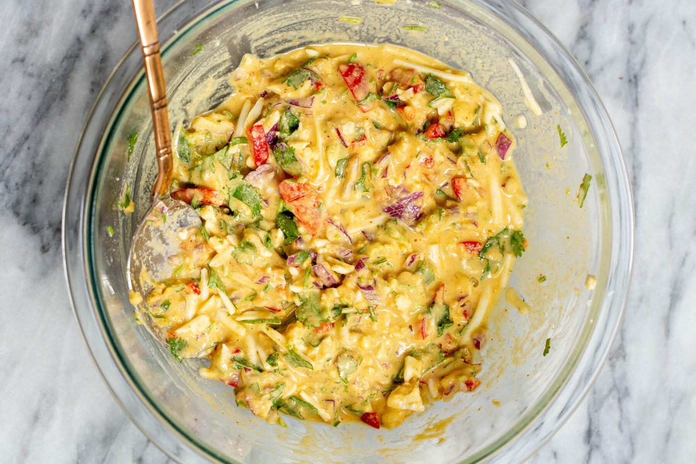 vegan chickpea flour pancake batter in a glass bowl