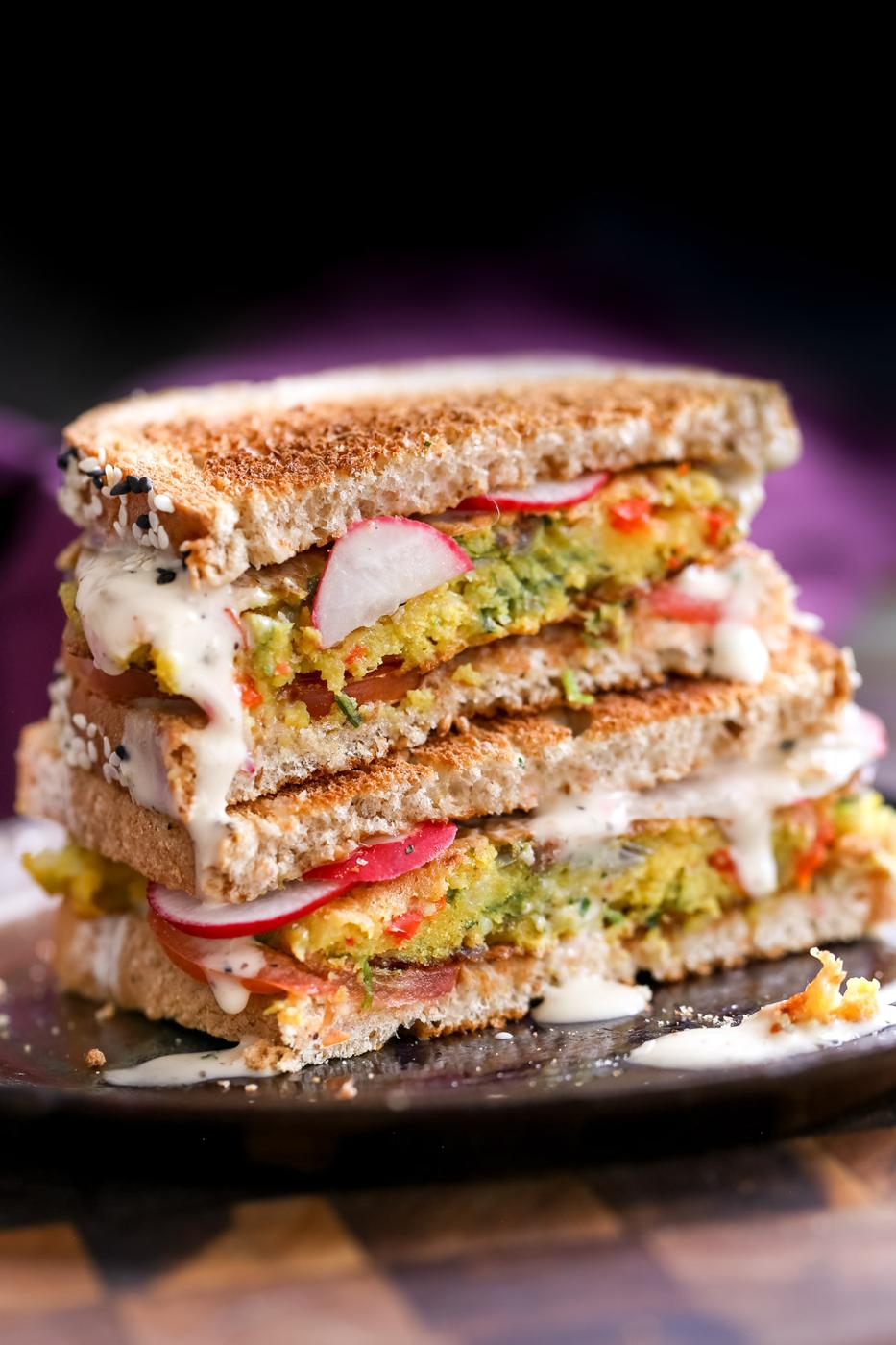 Savory Chickpea Flour Veggie Pancakes and Breakfast Sandwich