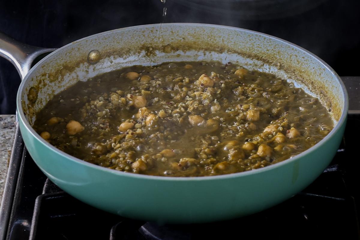 chickpea lentil spinach stew in the pan after cooking
