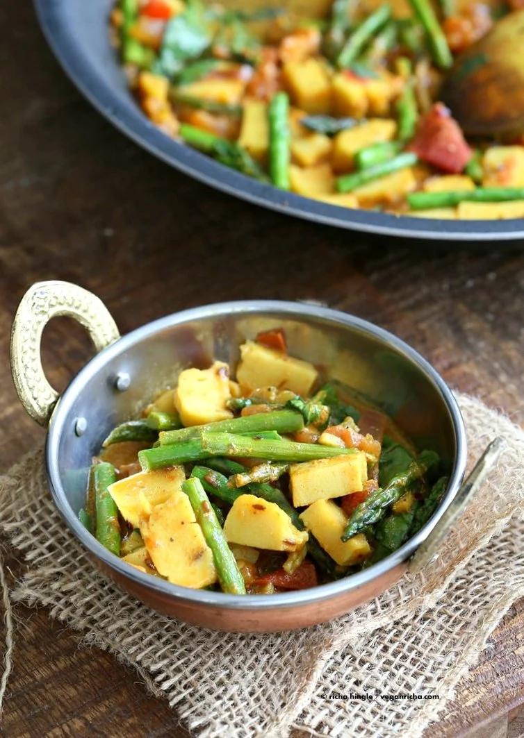Easy Asparagus Curry with Chickpea Tofu and Indian Spices and tomato sauce. Indian Vegan Gluten-free Soy-free Recipe. Serve with Rice or flatbread. | VeganRicha.com