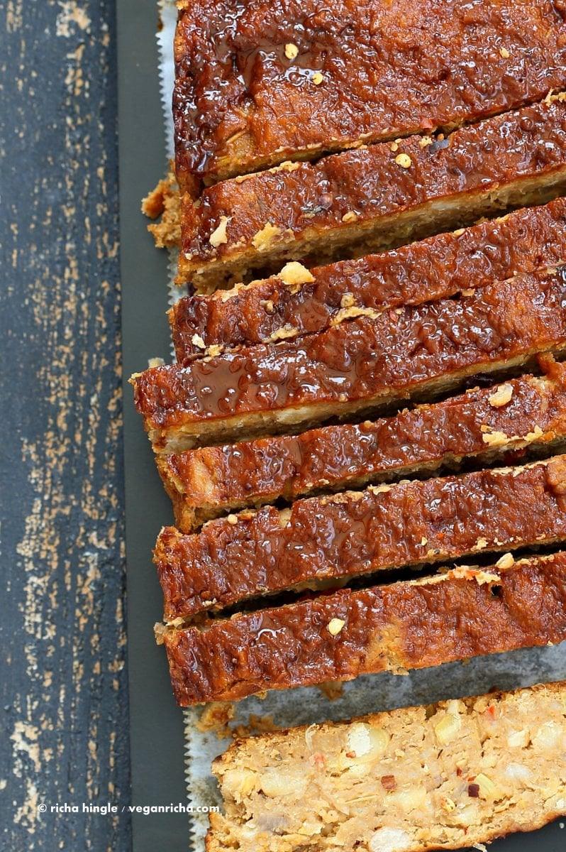 Chickpea Veggie Loaf with spices and a spicy bbq glaze. Chickpea Cannellini bean Veggie meat loaf for Thanksgiving and the holidays. Easy and delicious. | VeganRicha.com #vegan can be #glutenfree