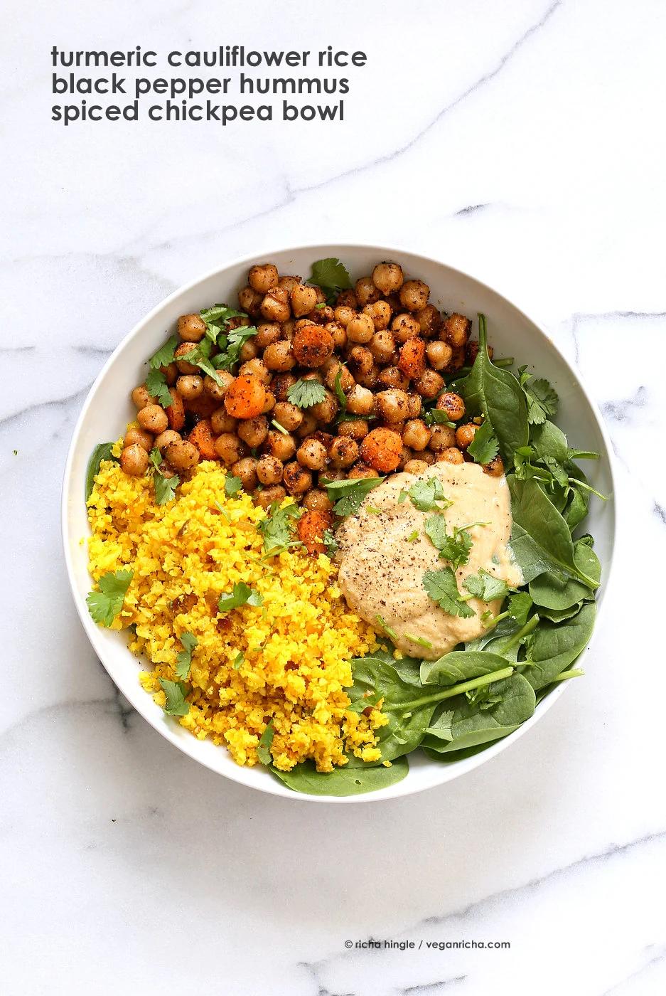Spiced Chickpeas Turmeric Cauliflower Rice Buddha Bowl with Black Pepper Hummus