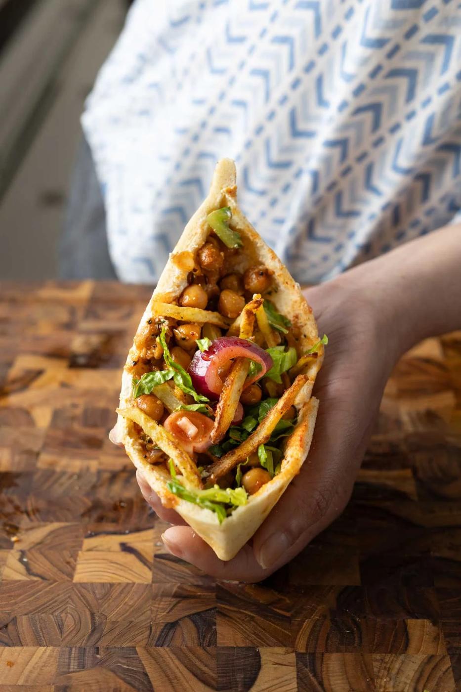 pita made with chili garlic chickpeas and crispy potatoes